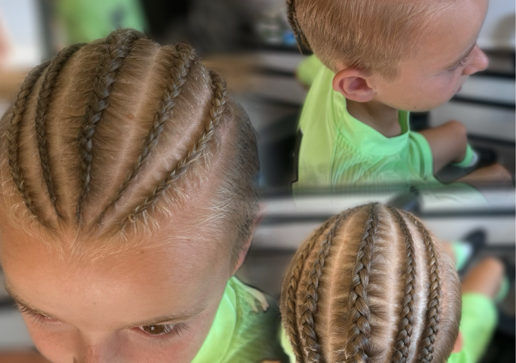Corn rows   (going all the way down head) 