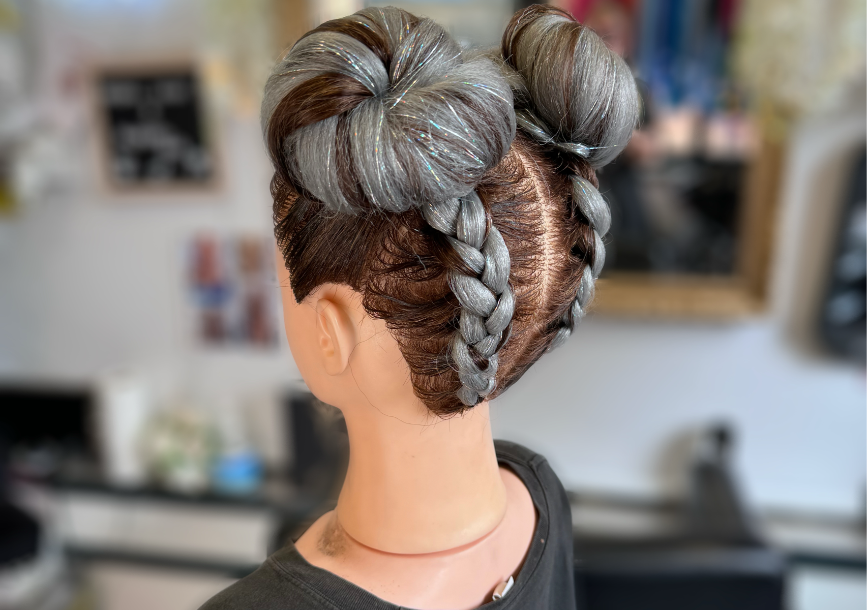 2 braids & space buns (with colour)