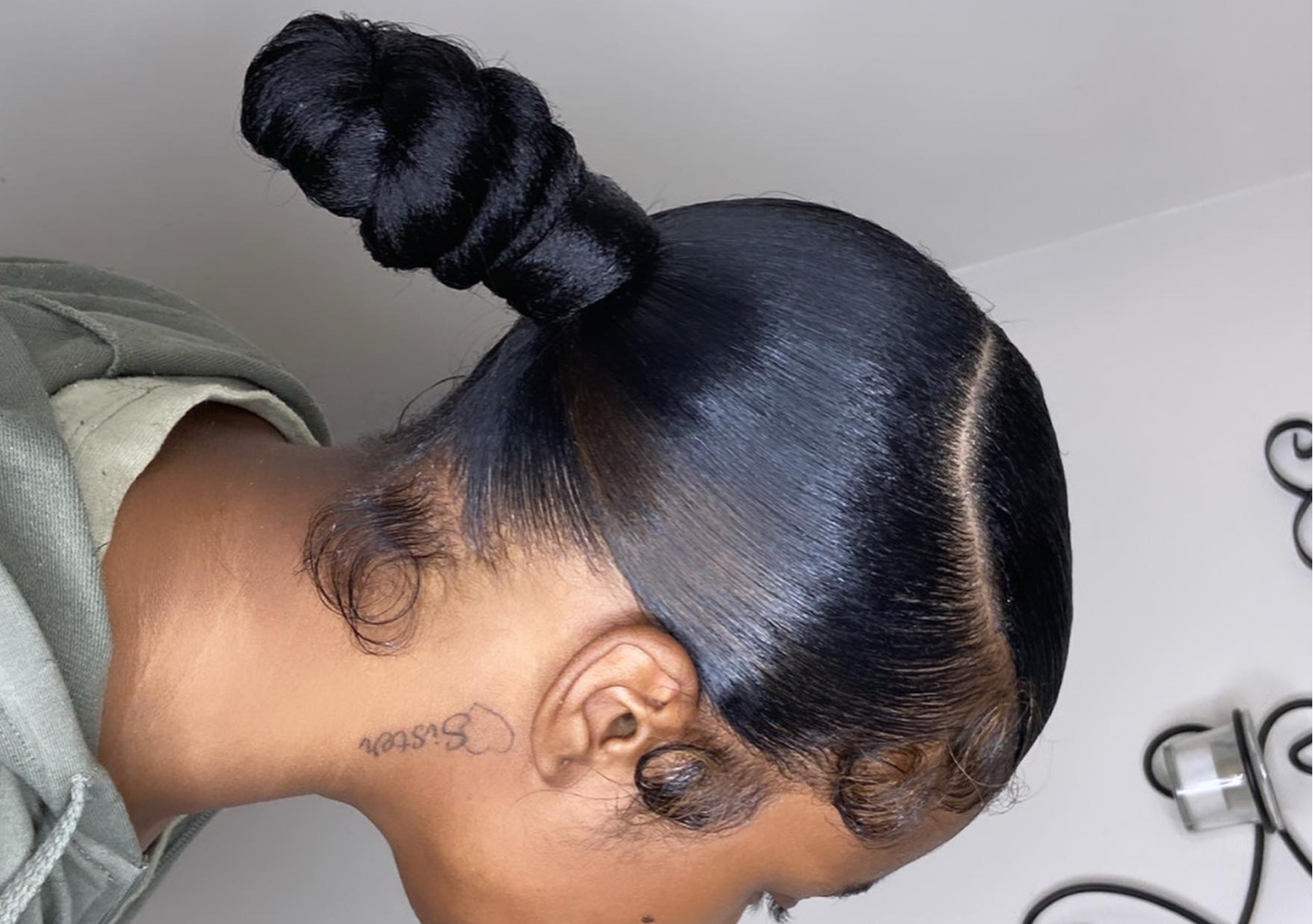 swoop top/ back knot bun