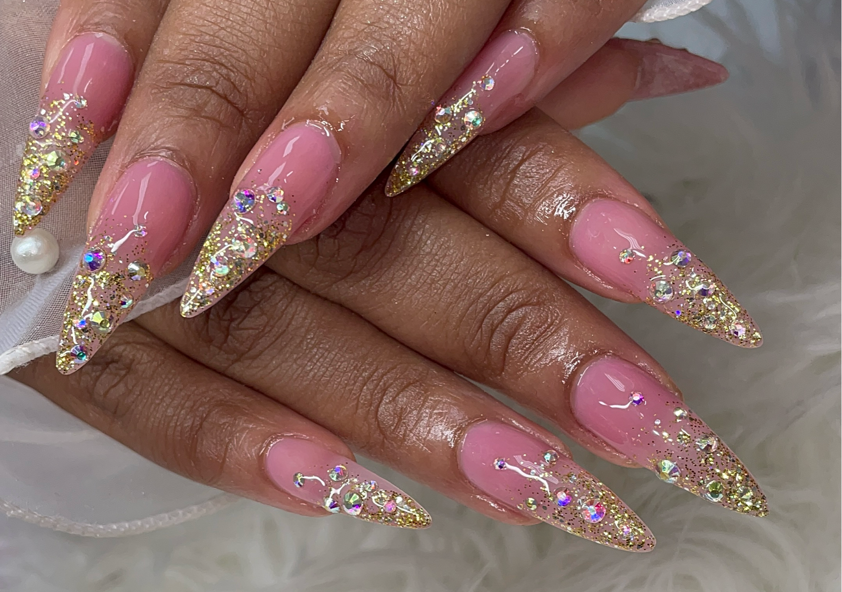 🌹Be Jeweled (glitter Ombre or french  With Sporadic Crystals And Nail Jewelry) Long To XL