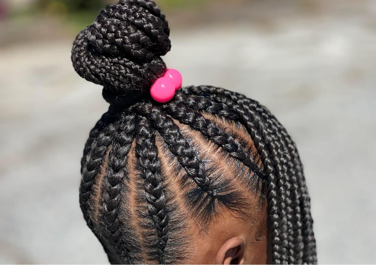 kids braided top knot & bang