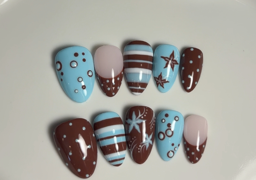 Blue and brown press on