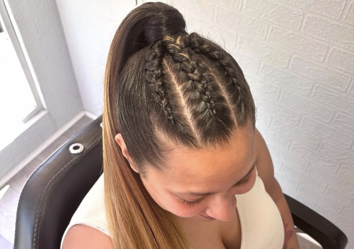 Three Plaits into High Ponytail (with extra extentions added)