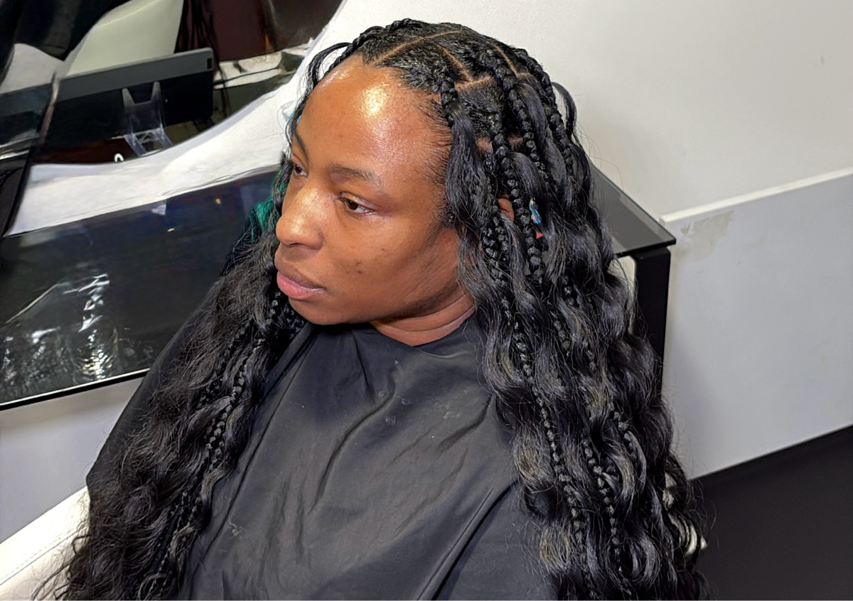 Large Knotless braids + Goddess curls  