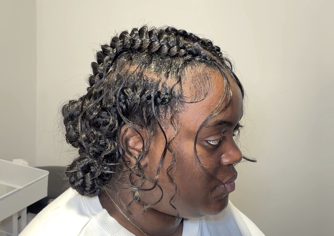 4 Stitch braids Butterfly Style + Goddess curls