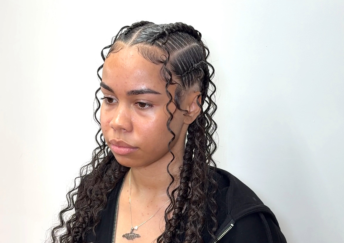 4 Stitch braids + Goddess curls 