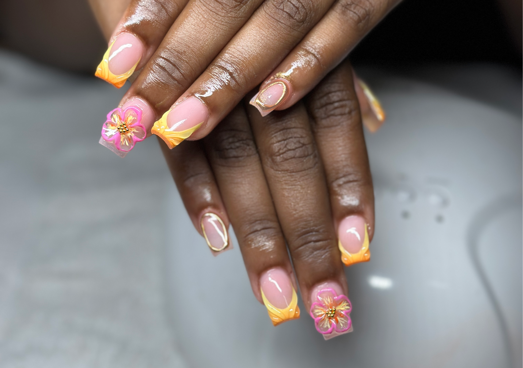 Airbrushed french tips with 2 accent nails