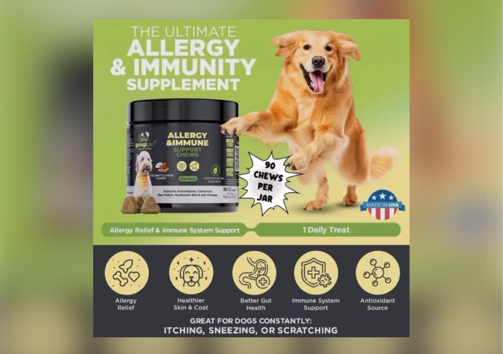 Sale:🐶Dog Allergy Relief & Itchy Skin Relief, Skin & Coat Supplement +Bee Pollen, Colostrum for Dogs.SALE! 