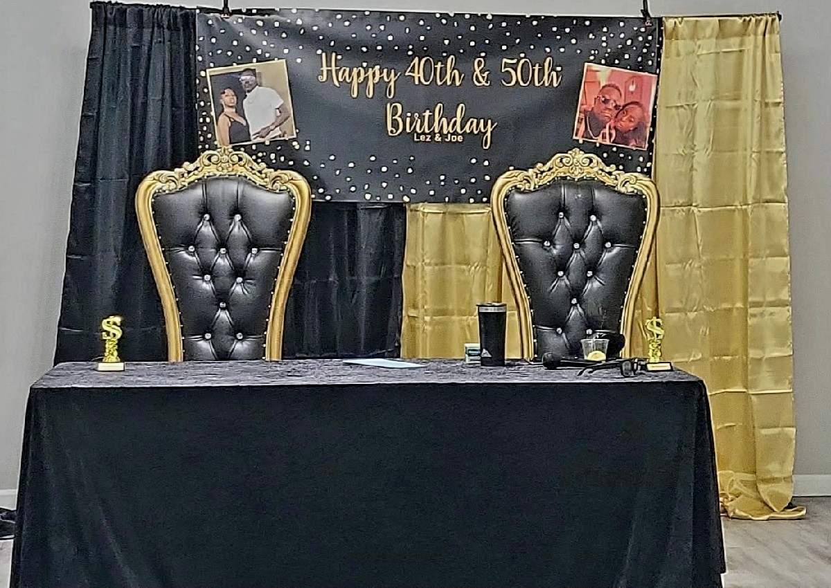 Backdrop stand with shimmer drapes/curtains