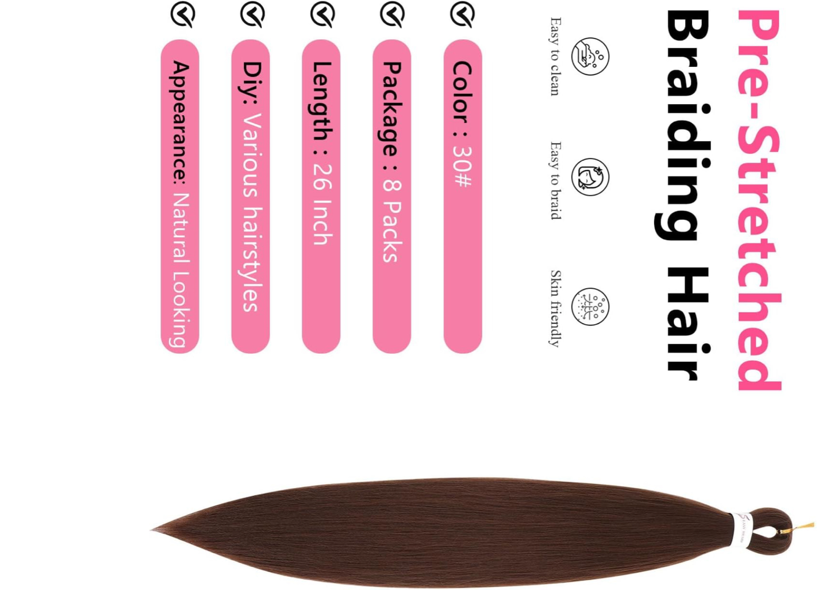 Color 30# 26 Inch EZ Braids 8Packs Ombre Bungundy Pre-Stretched