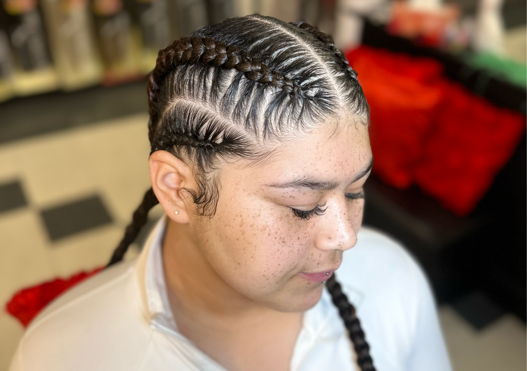 Feed ins straight back-stitch-4 braids-added hair (Women)