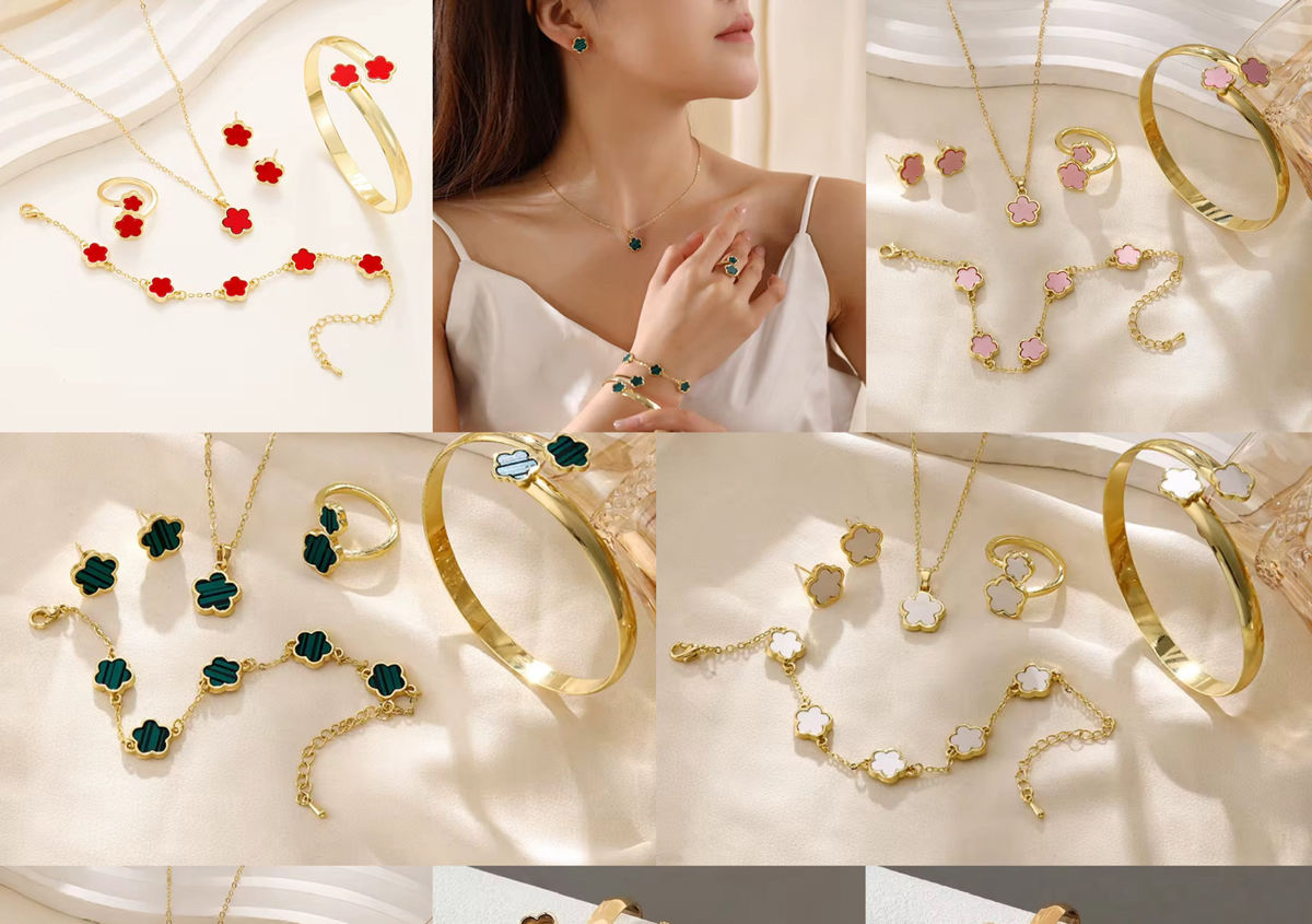 Clover charm gold plated
bracelet, necklace, ring,earrings
5 pieces set
