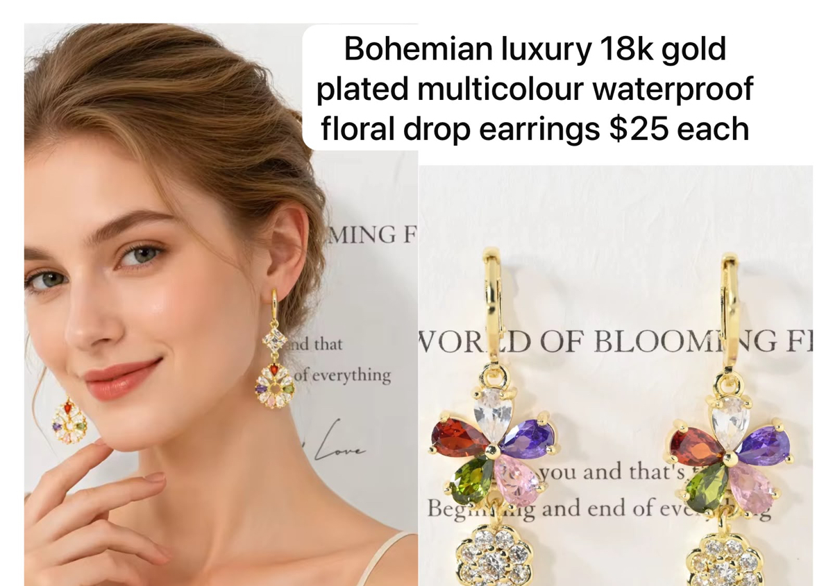 Gold plated multi coloured drop earrings