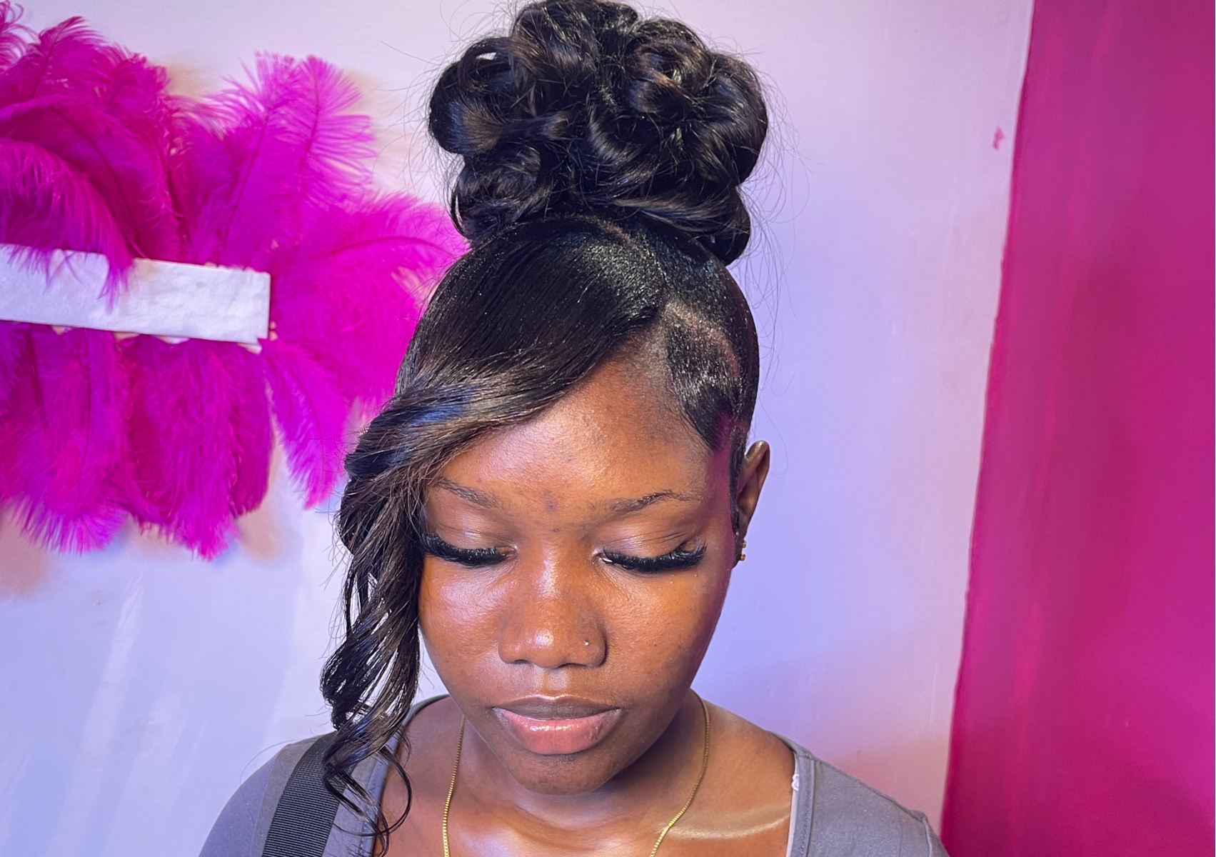 Messy bun with 1/2 bang