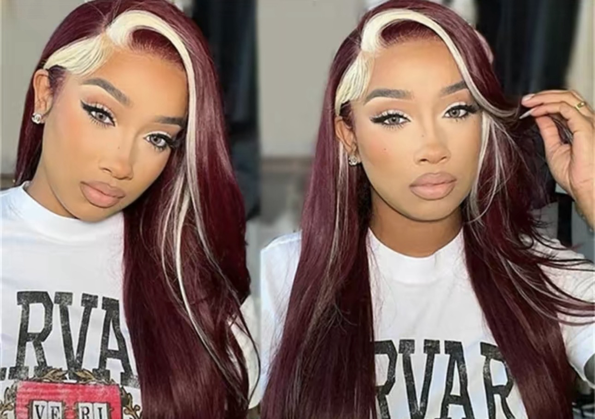 28’ Burgundy With 613 Blonde Skunk Stripe Human Hair Wigs 200% Density 13X6 Lace Frontal Wig Straight Hair Lace Frontal