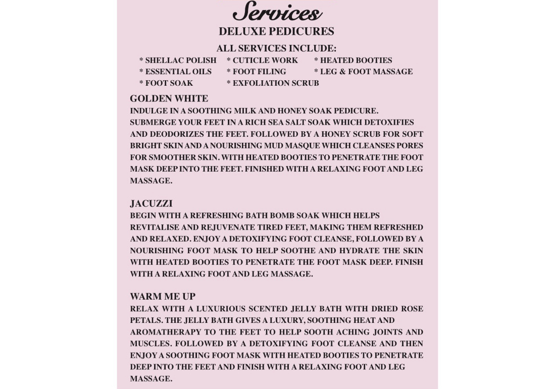 SD Deluxe Pedicure  ( Choose from one of our 3 Deluxe Pedicures) 