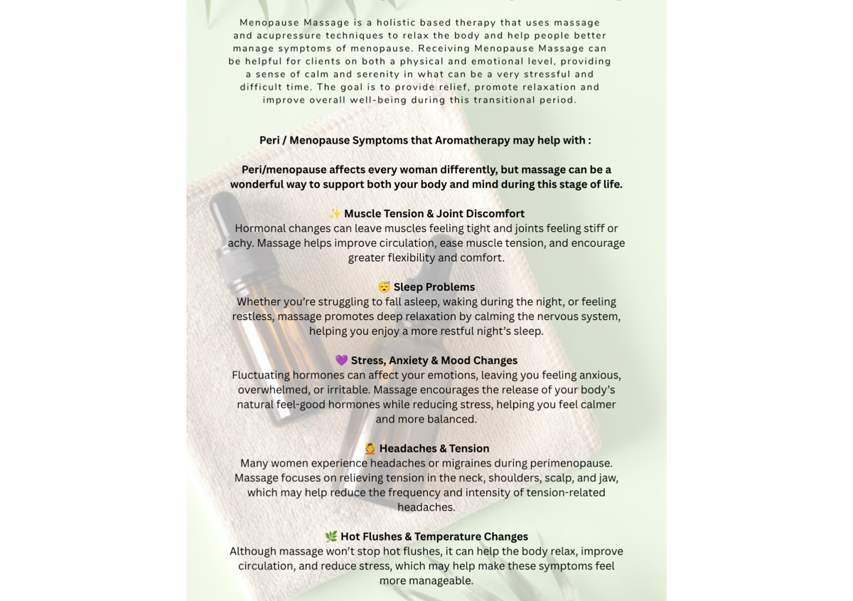 Peri/Menopause Aromatherapy Full Body Massage