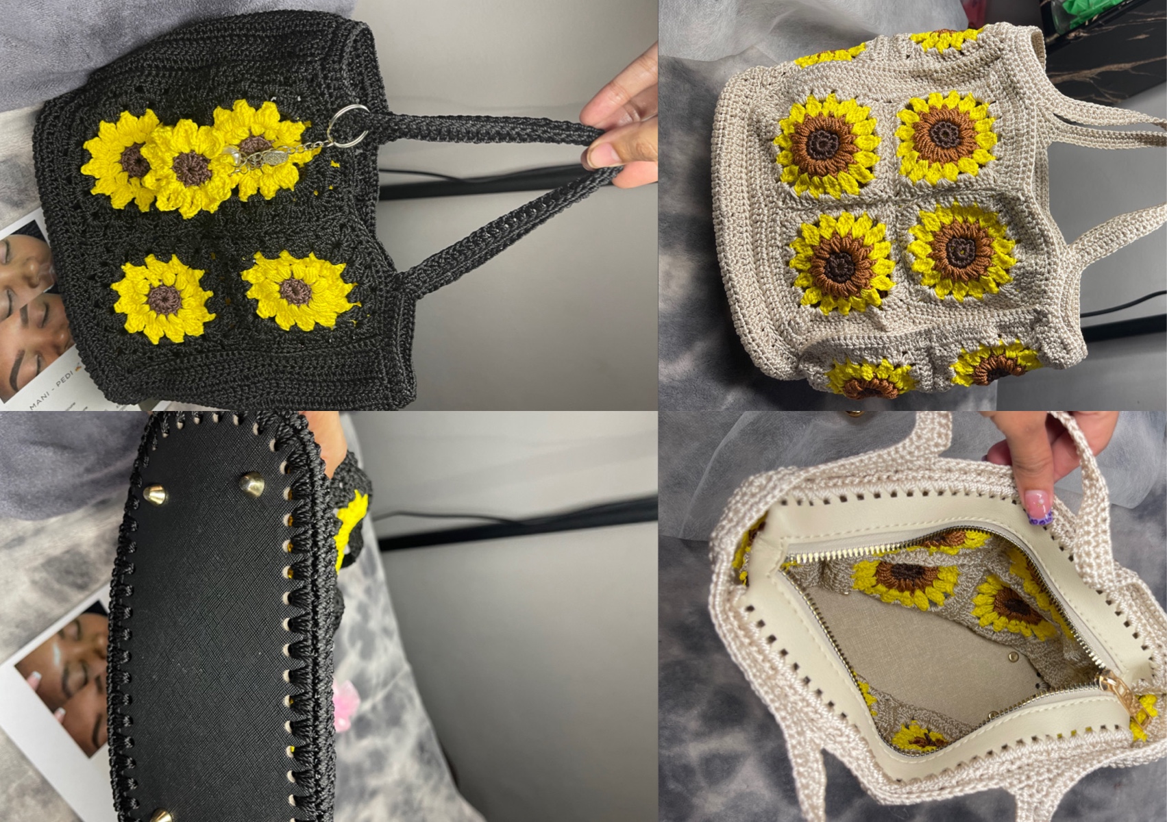 Sunflower Crochet Leather Bags