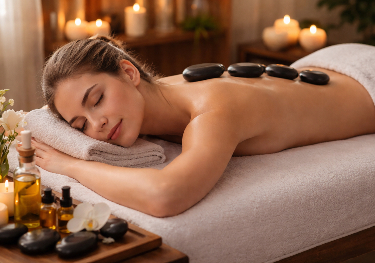 Relaxing Swedish massage with hot stones and towels